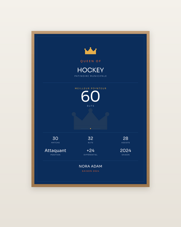 Queen of Hockey, encadrée dans un cadre bois naturel