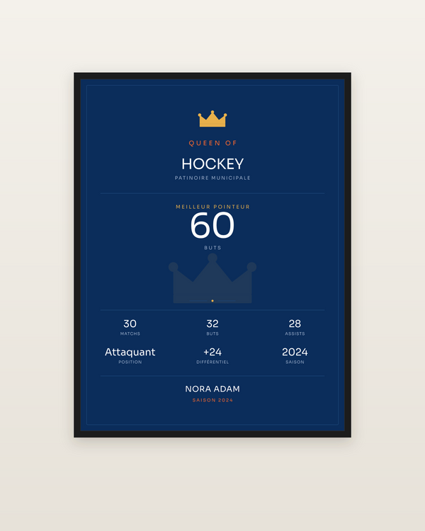 Queen of Hockey, encadrée dans un cadre noir