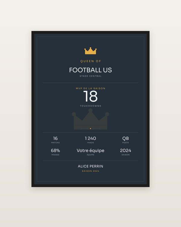 Queen of Football US, encadrée dans un cadre noir