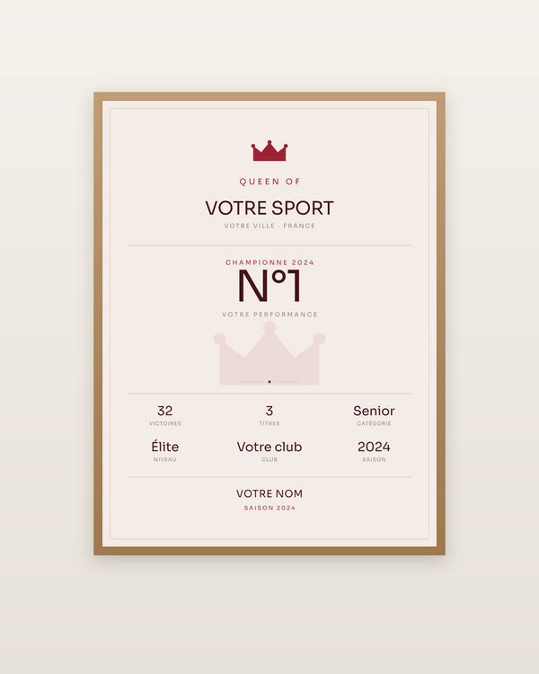 Queen of | votre sport, encadrée dans un cadre bois naturel