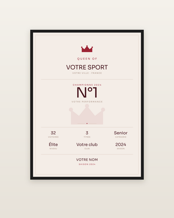 Queen of | votre sport, encadrée dans un cadre noir
