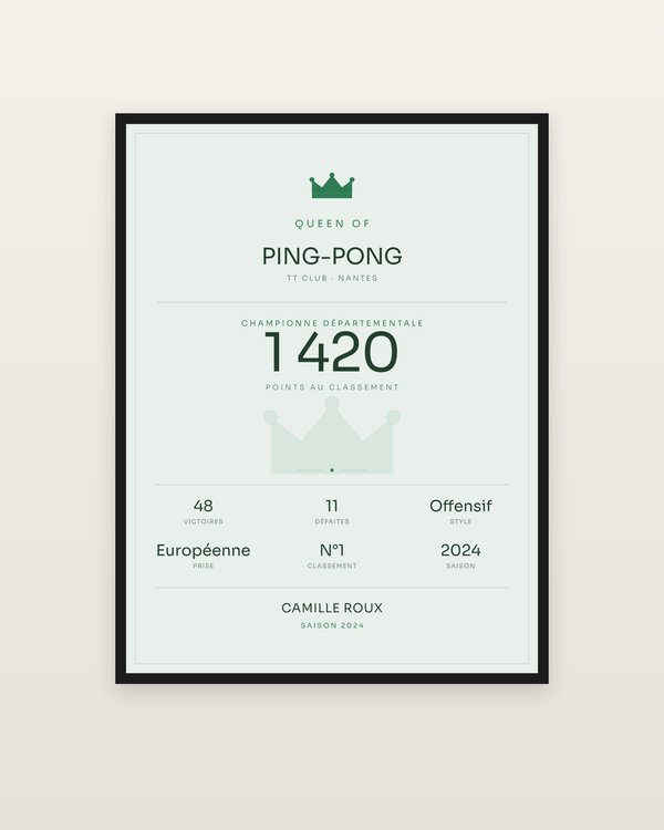 Queen of Ping-pong, encadrée dans un cadre noir