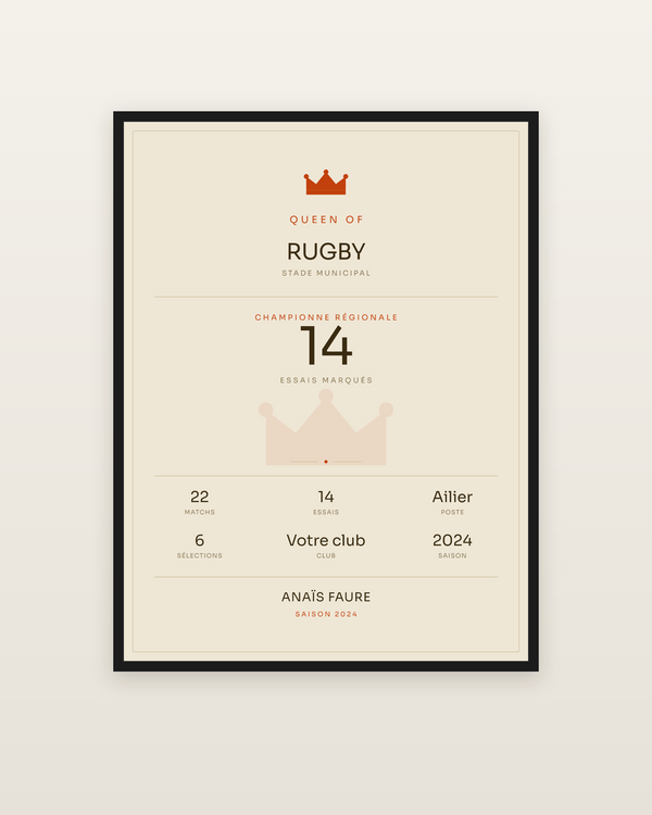 Queen of Rugby, encadrée dans un cadre noir