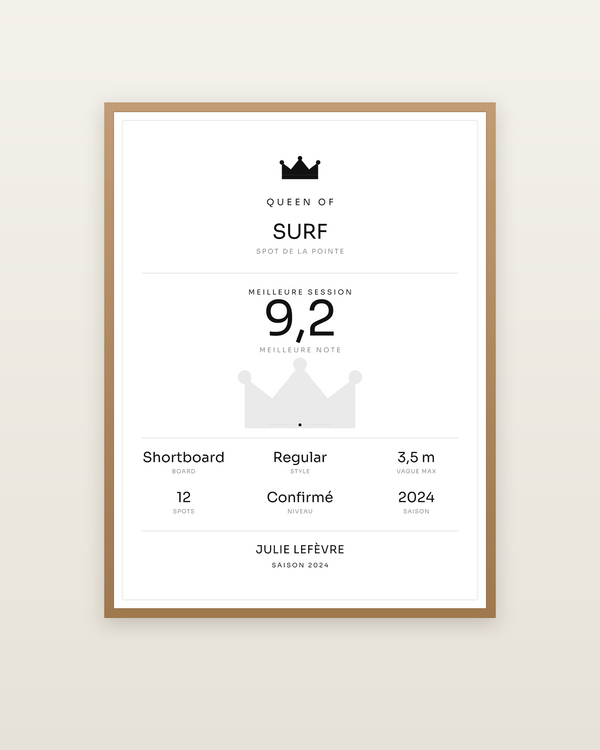 Queen of Surf, encadrée dans un cadre bois naturel