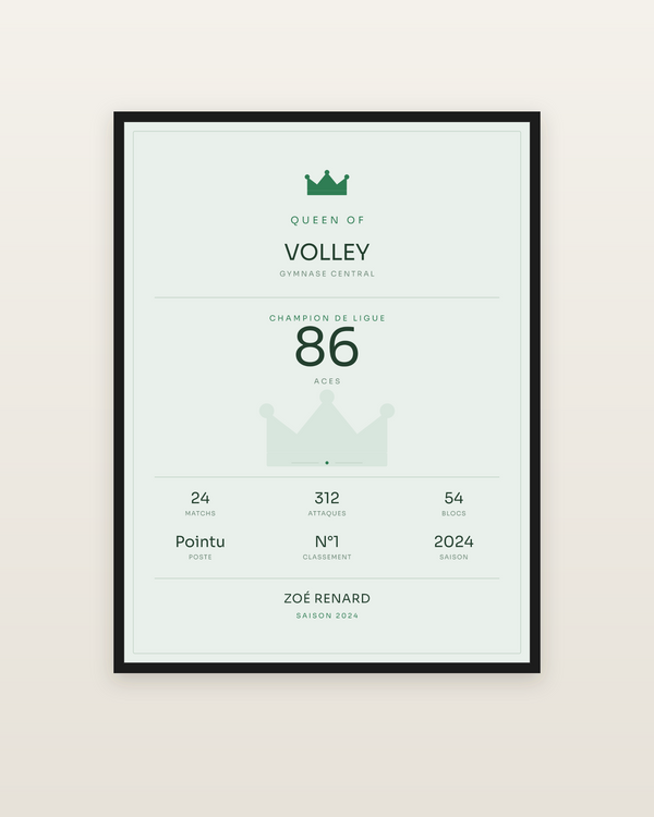 Queen of Volley, encadrée dans un cadre noir