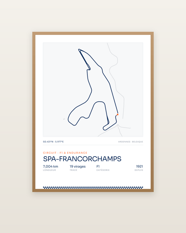 Spa-Francorchamps, encadrée dans un cadre bois naturel