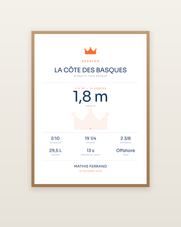Affiche Surf | Ma session, ma planche, encadrée dans un cadre bois naturel