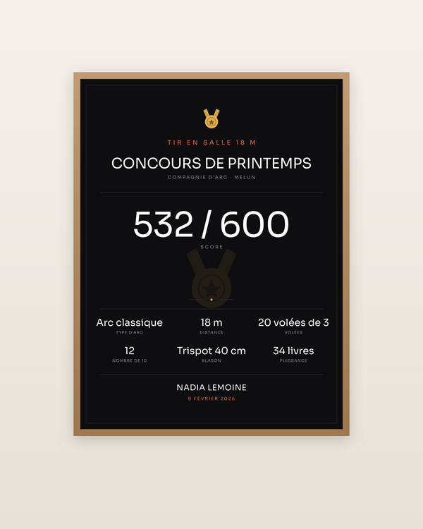 Affiche Mon score | Tir à l'arc, encadrée dans un cadre bois naturel