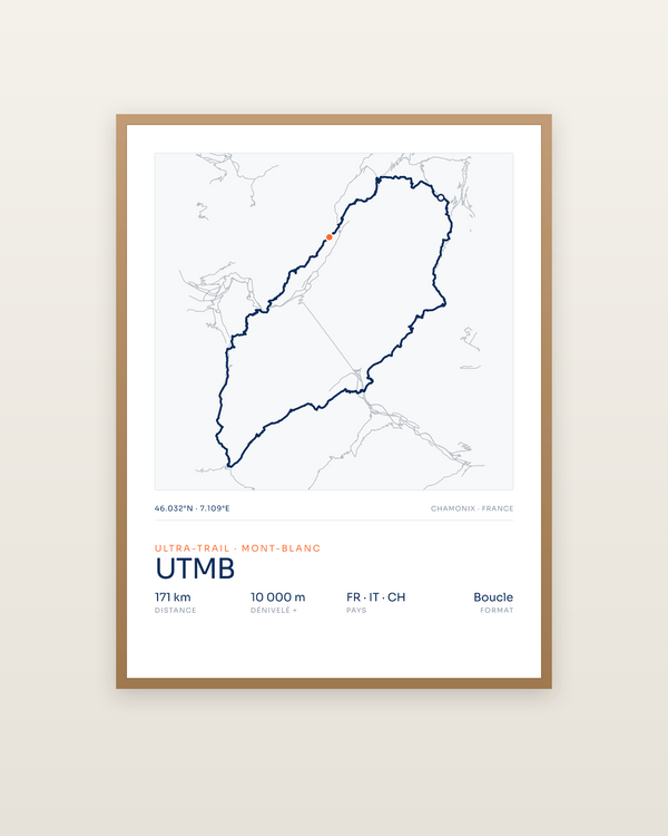UTMB, encadrée dans un cadre bois naturel